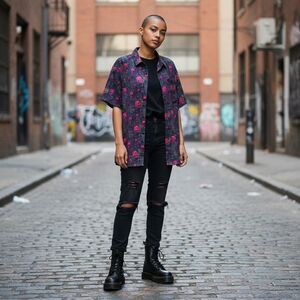 Vitriol Caedia Skull Lightning Pink Grey Women Shirt Size M Button-Up Punk Rock